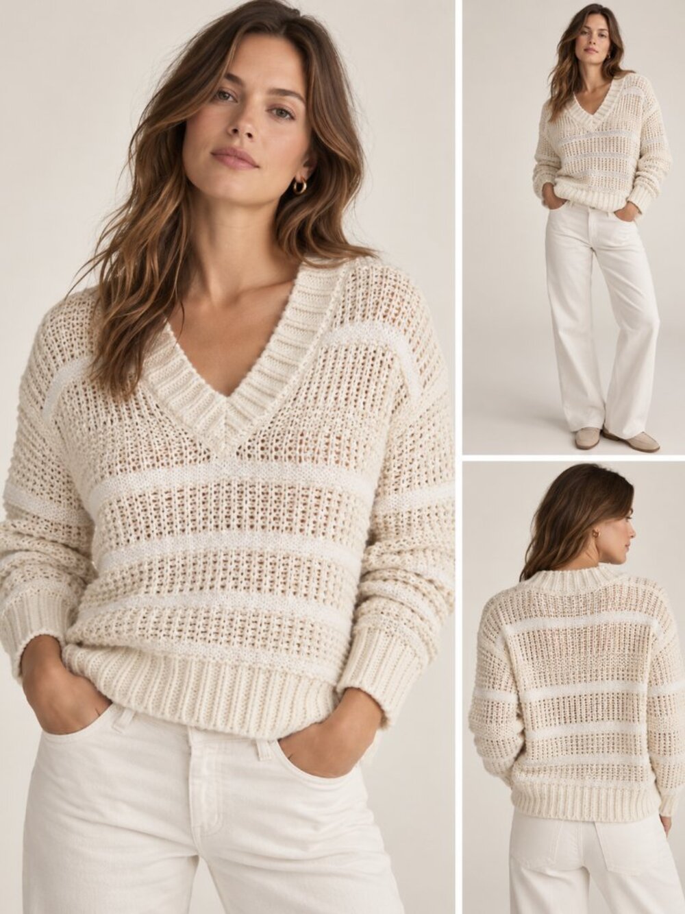 La Ligne Striped Open-Knit V-Neck Sweater – Cream & Tan – Size XS